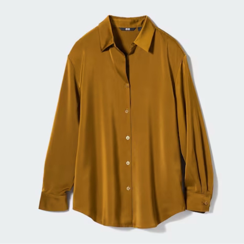 UNIQLO Bronze Brown Satin Long Sleeve Blouse Button Up Shirt Size M
